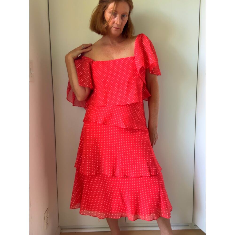 Vintage 70s Womens Polka Dot Red Dress Size M8-10 Fit Midi Length Summer USA